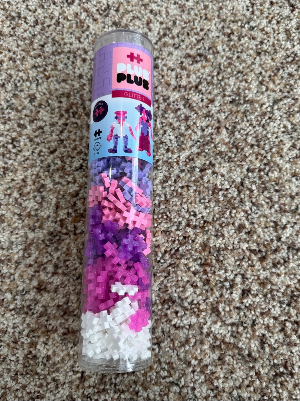 Plus Plus Glitter Build Tube with Pink, Purple, White blocks